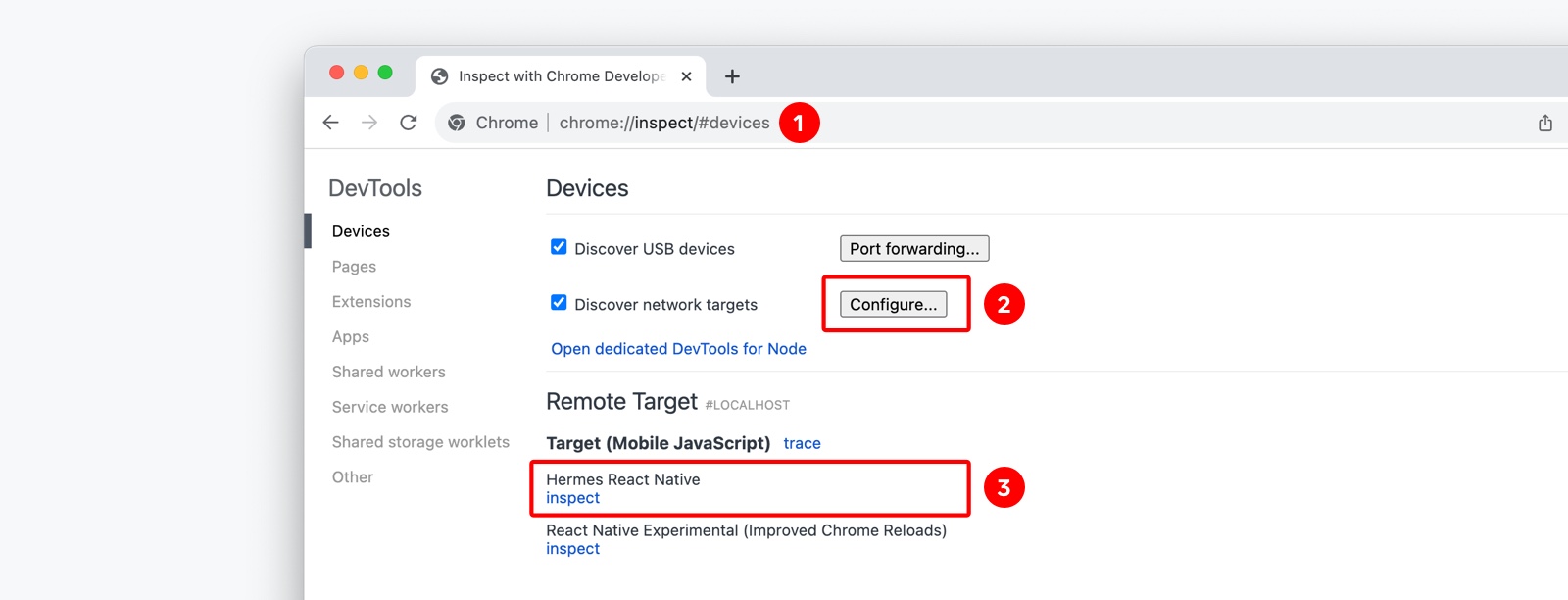 Overview of Chrome&#39;s inspect interface and a connected Hermes debugger window