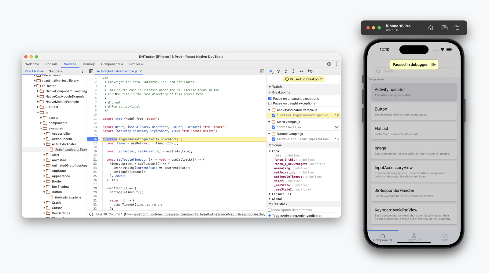 A paused breakpoint in the React Native DevTools Sources view, alongside a device