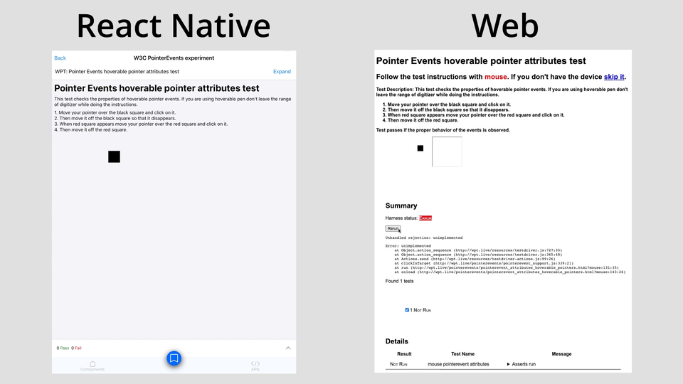 GIF showing a side by side comparison of the &quot;Pointer Events hoverable pointer attributes test&quot; running in React Native (iOS) on the left, and Web (the original implementation) on the right.